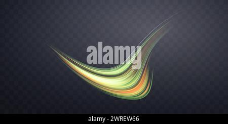 Glowing green and orange lines. Neon realistic energy speed. Abstract light effect on a dark transparent background. Vector illustration. Stock Vector