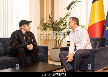 Brussels, Belgium. 12th Mar, 2024. Actor And Singer Mustii (Thomas Mustin) and Prime Minister Alexander De Croo pictured during a meeting between the Prime Minister and the Belgian artist who will representing the country at the upcoming Eurovision Song Contest, Tuesday 12 March 2024. BELGA PHOTO JAMES ARTHUR GEKIERE Credit: Belga News Agency/Alamy Live News Stock Photo