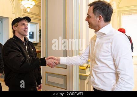 Brussels, Belgium. 12th Mar, 2024. Actor And Singer Mustii (Thomas Mustin) and Prime Minister Alexander De Croo pictured during a meeting between the Prime Minister and the Belgian artist who will representing the country at the upcoming Eurovision Song Contest, Tuesday 12 March 2024. BELGA PHOTO JAMES ARTHUR GEKIERE Credit: Belga News Agency/Alamy Live News Stock Photo