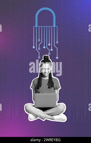 Trend artwork 3D photo collage composite image of smiled lady sit lotus hold in hand laptop cyber attack private security protection Stock Photo