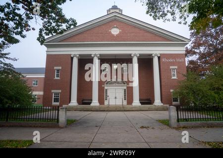 Keene  NH, USA - October 16th, 2022 - Rhodes Hall at New Hampshire State University in Keene NH on a foggy morning Stock Photo