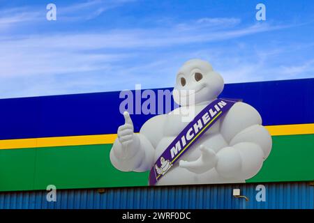 Bibendum or Michelin Man, the official mascot of the French Michelin tire company, founded in 1889. Salo, Finland. March 10, 2024. Stock Photo