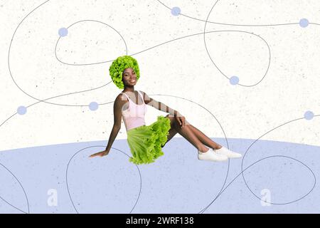 Trend artwork sketch image composite 3D photo collage of young attractive smiled lady model sit posing wear green salad instead hair Stock Photo