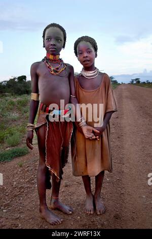 SOUTH OMO - ETHIOPIA - November 23, 2011: Unidentified Hamer girls on November 23, 2014 in South Omo, Ethiopia. The girlss portrait from a tribe a ham Stock Photo