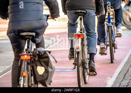 Radfahrer benutzen den Radweg, München, März 2024 Deutschland, München, März 2024, Radfahrer und Radfahrerinnen an der Münchner Freiheit, fahren auf dem rot markierten Radweg, Radverkehr, Verkehr, Umwelt, Bayern, *** Cyclists use the cycle path, Munich, March 2024 Germany, Munich, March 2024, Cyclists at Münchner Freiheit, ride on the red marked cycle path, Cycling, Traffic, Environment, Bavaria, Stock Photo