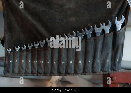 Set of open-end wrenches in a black case Stock Photo