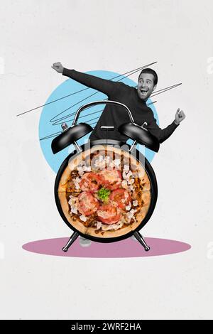 3d retro abstract creative artwork template collage of excited man dancer clock timer pizza food delivery weird freak bizarre unusual Stock Photo
