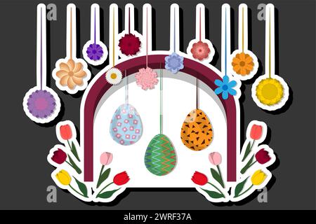 Illustration on theme celebration holiday Easter with hunt colorful bright eggs, banner consisting of hunt different Easter eggs, hunt beautiful Easte Stock Vector