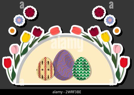 Illustration on theme celebration holiday Easter with hunt colorful bright eggs, banner consisting of hunt different Easter eggs, hunt beautiful Easte Stock Vector