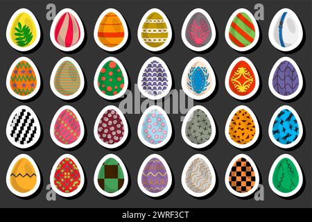 Illustration on theme celebration holiday Easter with hunt colorful bright eggs, set consisting of hunt different Easter eggs, set hunt beautiful East Stock Vector