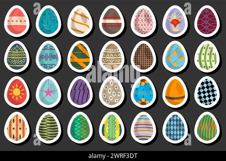 Illustration on theme celebration holiday Easter with hunt colorful bright eggs, set consisting of hunt different Easter eggs, set hunt beautiful East Stock Vector