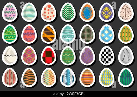 Illustration on theme celebration holiday Easter with hunt colorful bright eggs, set consisting of hunt different Easter eggs, set hunt beautiful East Stock Vector