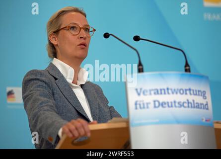 Berlin, Germany. 12th Mar, 2024. Alice Weidel, leader of the AfD parliamentary group, speaks during a press statement after the parliamentary group meeting. Credit: Jonathan Penschek/dpa/Alamy Live News Stock Photo