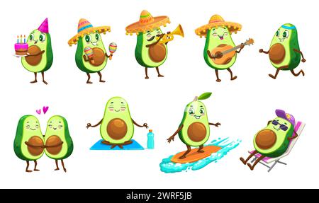 Cartoon mexican cheerful avocado characters. Cute green fruits vector personages doing yoga exercises, playing guitar, maracas and trumpet, surfing, running and sunbathing with sunglasses and sombrero Stock Vector