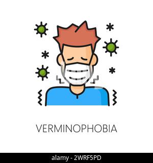 Phobia problem, psychology problem, verminophobia mental anxiety thin line color icon. Fear problem, phobia or mental disorder linear vector symbol with man in face mask scared microbes and viruses Stock Vector
