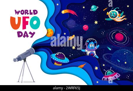 World UFO day banner with paper cut galaxy, space planets and aliens ...