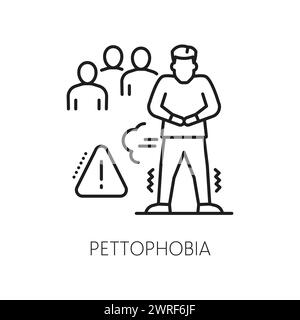 Human pettophobia phobia icon, mental health. People psychology, mental disorder outline vector pictogram. Fear problem thin line sign or symbol with terrified, scared man in crowd Stock Vector