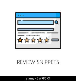 Review snippets. Serp icon. Search engine result page. Isolated vector linear sign, indicating the presence of summarized customer reviews, providing a quick overview of product or service feedback Stock Vector
