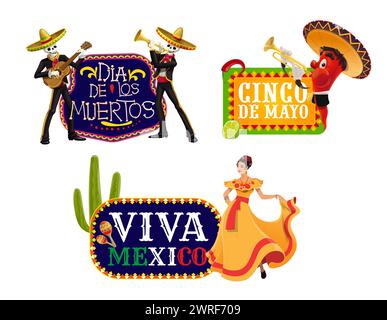 Mexican holiday banners for Cinco de Mayo and Dia de Los Muertos, vector set. Viva Mexico banners with chili pepper mariachi musician in sombrero, skeletons with guitar and woman in Mexican dress Stock Vector
