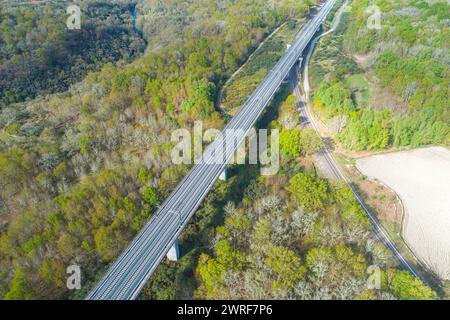 aerial view from a drone of a high-speed train viaduct in Spain Stock Photo