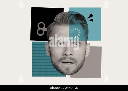 Creative image collage young man head face loading dilemma find solution hard brainstorming puzzled minded stupor drawing background Stock Photo