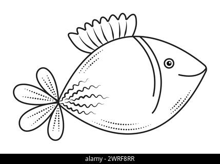 Cute angel fish, black line minimal illustration, monochrome nautical preppy doodle Stock Vector