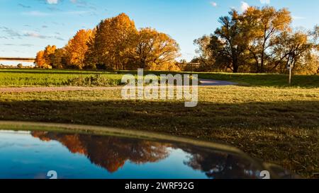 Autumn or indian summer view with reflections in a car roof at Mount Bogenberg, Bogen, Danube, Bavaria, Germany Bogenberg bb 017 Stock Photo