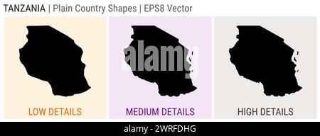 Tanzania - plain country shape. Low, medium and high detailed maps of Tanzania. EPS8 Vector illustration. Stock Vector