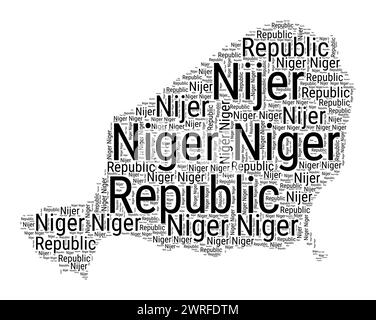 Black and white word cloud in Niger shape. Simple typography style country illustration. Plain Niger black text cloud on white background. Stock Vector