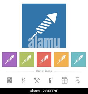 Firework rocket flat white icons in square backgrounds. 6 bonus icons included. Stock Vector