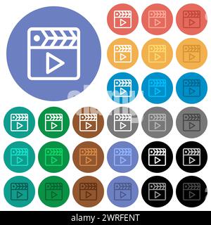 Movie clapper outline multi colored flat icons on round backgrounds. Included white, light and dark icon variations for hover and active status effect Stock Vector