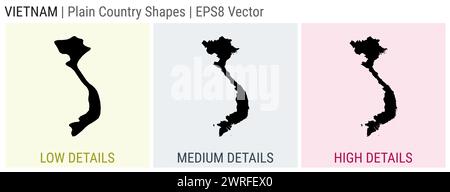 Vietnam - plain country shape. Low, medium and high detailed maps of Vietnam. EPS8 Vector illustration. Stock Vector
