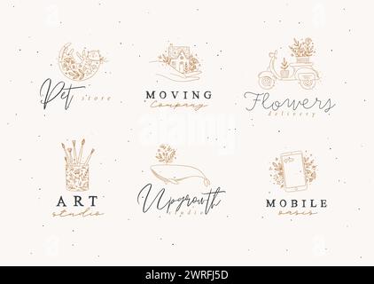Floral labels house, cat, whale, glass with brushes, smartphone, scooter with lettering drawing in hand-drawing style on beige background Stock Vector