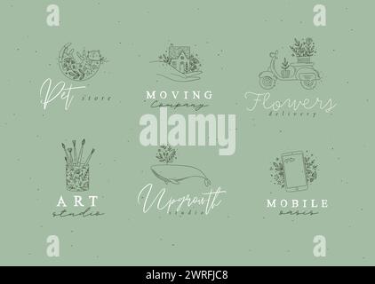 Floral labels house, cat, whale, glass with brushes, smartphone, scooter with lettering drawing in hand-drawing style on green background Stock Vector