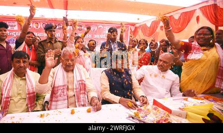 Patna, India. 12th Mar, 2024. PATNA, INDIA - MARCH 12: HAM party founder Jitanram Manjhi with party president Santosh Kumar Suman during Holi Milan Samaroh at his residence on March 12, 2024 in Patna, India. (Photo by Santosh Kumar/Hindustan Times/Sipa USA) Credit: Sipa USA/Alamy Live News Stock Photo