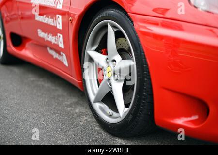 Riga, Latvia - June 21, 2015: Ferrari 360 Spider details close-up - front wheel Stock Photo