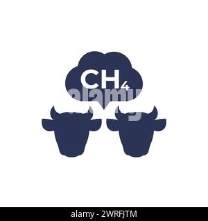 methane emissions icon with cattle on white Stock Vector