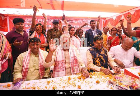 Patna, India. 12th Mar, 2024. PATNA, INDIA - MARCH 12: HAM party founder Jitanram Manjhi with party president Santosh Kumar Suman during Holi Milan Samaroh at his residence on March 12, 2024 in Patna, India. (Photo by Santosh Kumar/Hindustan Times/Sipa USA) Credit: Sipa USA/Alamy Live News Stock Photo