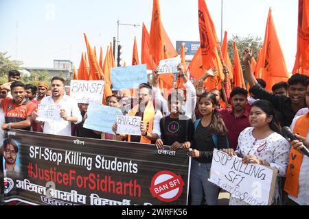 Patna, India. 12th Mar, 2024. PATNA, INDIA - MARCH 12: Members of Akhil Bharatiya Vidyarthi Parishad (ABVP) taking out rally for ban SFI and others demands at Kargil Chowk on March 12, 2024 in Patna, India. (Photo by Santosh Kumar/Hindustan Times/Sipa USA) Credit: Sipa USA/Alamy Live News Stock Photo