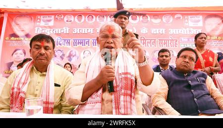 Patna, India. 12th Mar, 2024. PATNA, INDIA - MARCH 12: HAM party founder Jitanram Manjhi with party president Santosh Kumar Suman delivering his lecture during Mahila Diwas Samman Samaroh at his residence on March 12, 2024 in Patna, India. (Photo by Santosh Kumar/Hindustan Times/Sipa USA) Credit: Sipa USA/Alamy Live News Stock Photo