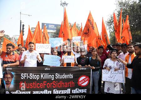 Patna, India. 12th Mar, 2024. PATNA, INDIA - MARCH 12: Members of Akhil Bharatiya Vidyarthi Parishad (ABVP) taking out rally for ban SFI and others demands at Kargil Chowk on March 12, 2024 in Patna, India. (Photo by Santosh Kumar/Hindustan Times/Sipa USA) Credit: Sipa USA/Alamy Live News Stock Photo