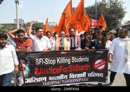 Patna, India. 12th Mar, 2024. PATNA, INDIA - MARCH 12: Members of Akhil Bharatiya Vidyarthi Parishad (ABVP) taking out rally for ban SFI and others demands at Kargil Chowk on March 12, 2024 in Patna, India. (Photo by Santosh Kumar/Hindustan Times/Sipa USA) Credit: Sipa USA/Alamy Live News Stock Photo