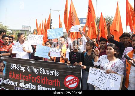 Patna, India. 12th Mar, 2024. PATNA, INDIA - MARCH 12: Members of Akhil Bharatiya Vidyarthi Parishad (ABVP) taking out rally for ban SFI and others demands at Kargil Chowk on March 12, 2024 in Patna, India. (Photo by Santosh Kumar/Hindustan Times/Sipa USA) Credit: Sipa USA/Alamy Live News Stock Photo