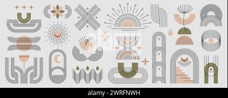 Zen arch set. Modern abstract boho linear geometric shapes, minimal simple figures. Contemporary vector elements and sun in trendy bohemian style. Aesthetic design stripes line shape in neutral colors Stock Vector