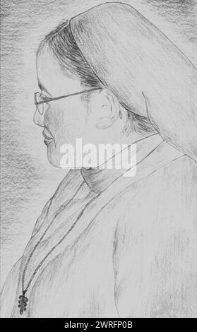 Pencil drawing illustration of a nun. My original artwork with pencil on paper vertical portrait of a beautiful young nun Stock Photo