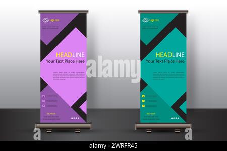 Professional roll up banner, stand billboard, or corporate roll-up banner template, advertisement, pull-up, polygon background, vector illustration. Stock Vector
