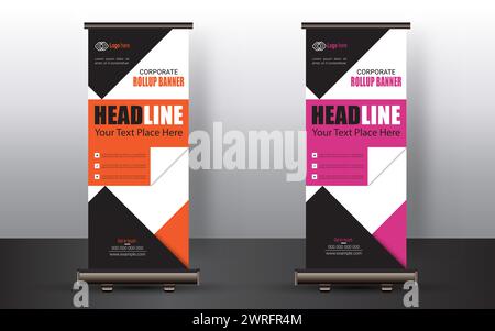 Professional roll up banner, stand billboard, or corporate roll-up banner template, advertisement, pull-up, polygon background, vector illustration. Stock Vector