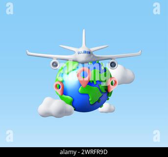 3D Airplane in Clouds and Globe Isolated Stock Vector