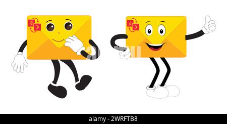 Envelope cartoon mascot character, Cartoon cupid points with a gesture of hand, retro comic message sticker, cute stylish design flat vector Stock Vector