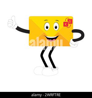 Envelope cartoon mascot character, Cartoon cupid points with a gesture of hand, retro comic message sticker, cute stylish design flat vector Stock Vector